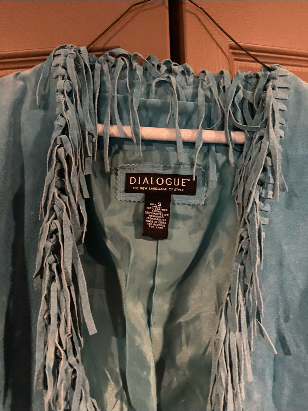 Dialogue Boho or Southwestern Turquoise Color Suede Fringe Open Front Jacket - Picture 5 of 6
